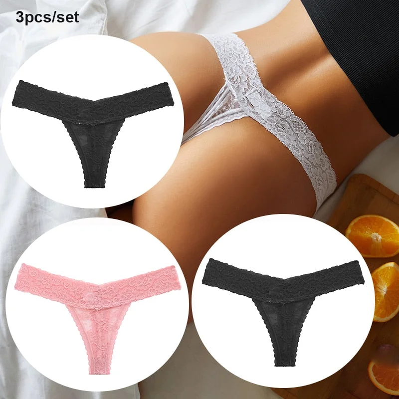 FINETOO 3PCS/Set Women Lace Sexy G-string Perspective Lingerie Temptation Panties Thong Underwear Panty Female Intimates M-XL
