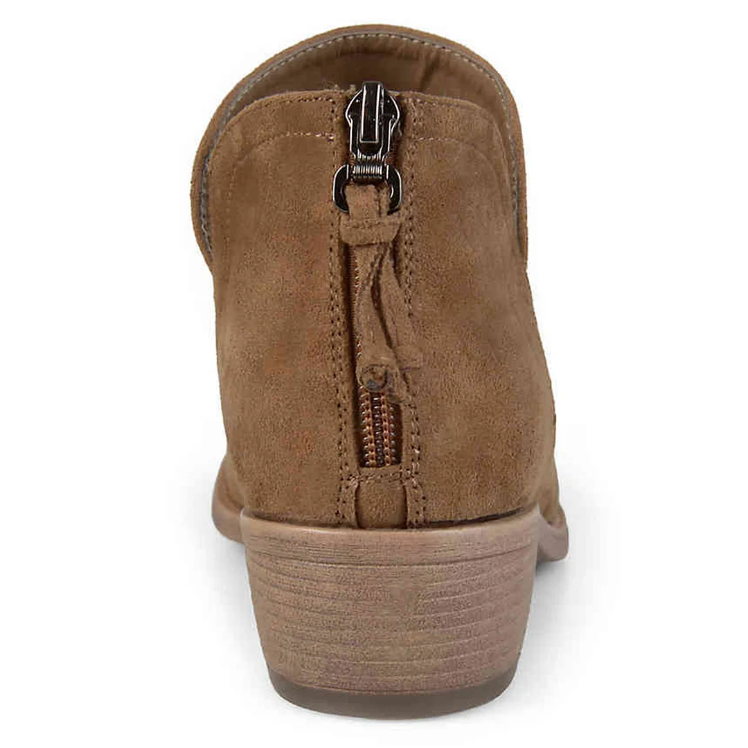 Faux Suede Round Toe Back-Zip Block Heel Ankle Boots in Brown 