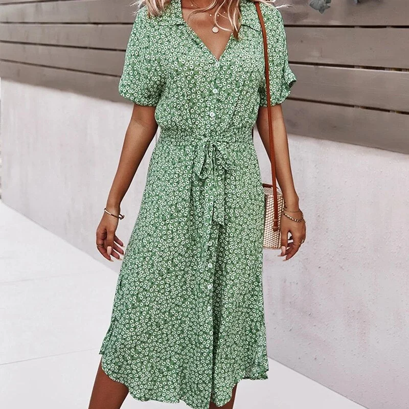 Midi Dress Women Summer Shirt Dress Floral Printed Vintage High Waist Dresses Ladies Casual Loose Single-Breasted Elegant Robe