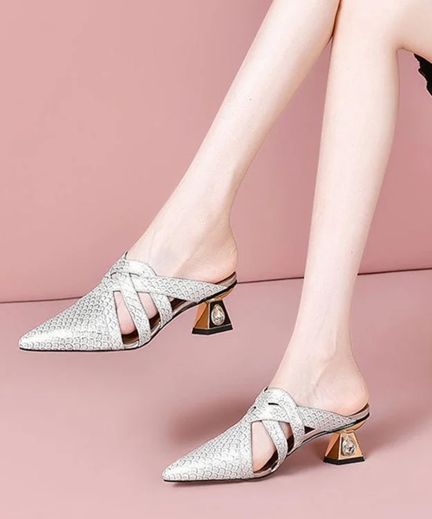 Beige Cowhide Leather Hollow Out Fashion Splicing Slide Sandals Pointed Toe