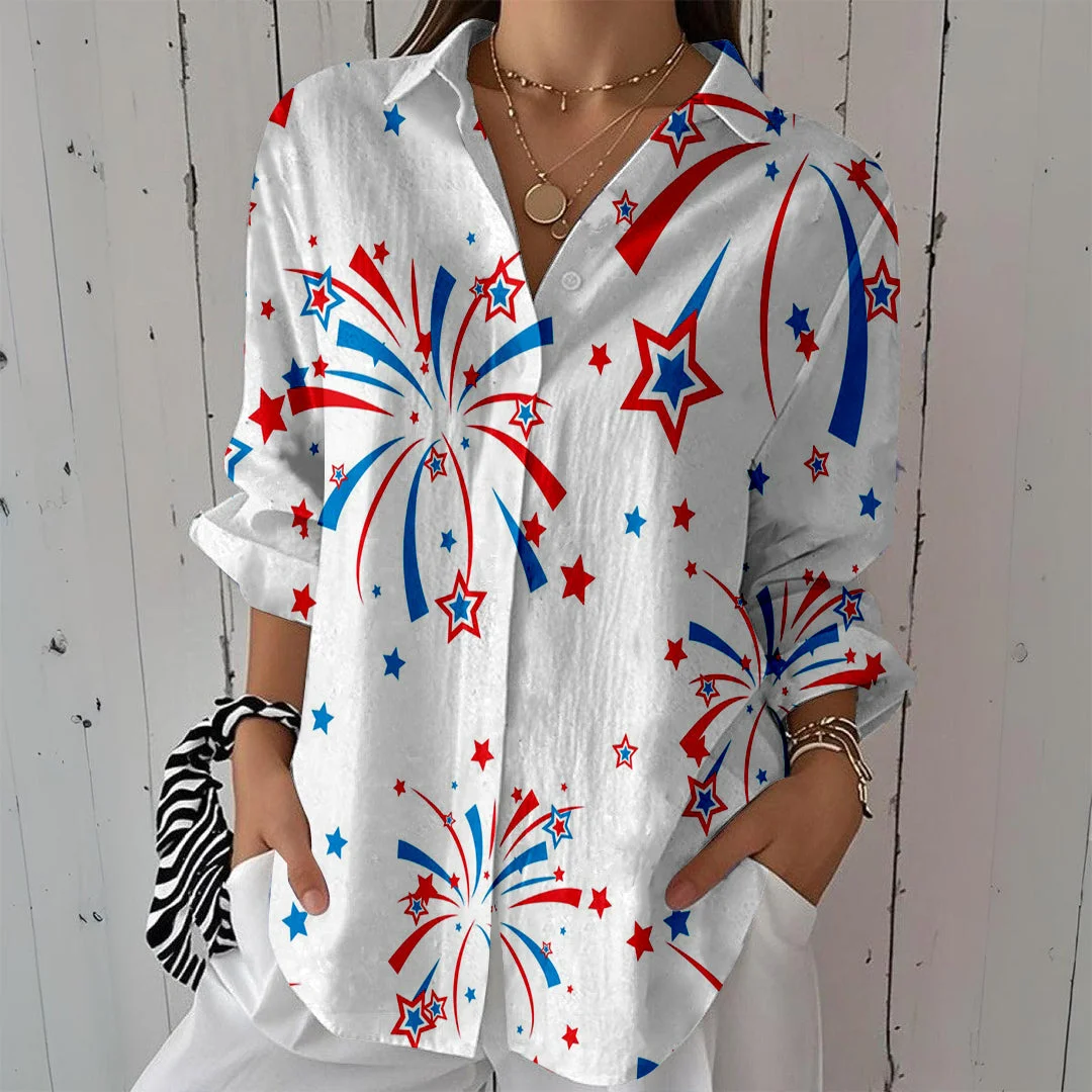 Style & Comfort for Mature Women Women  Independence Day, Star, Striped, Blue, Red DZCL0235 3/4 Sleeve Shirt Collar Printed Button Tops