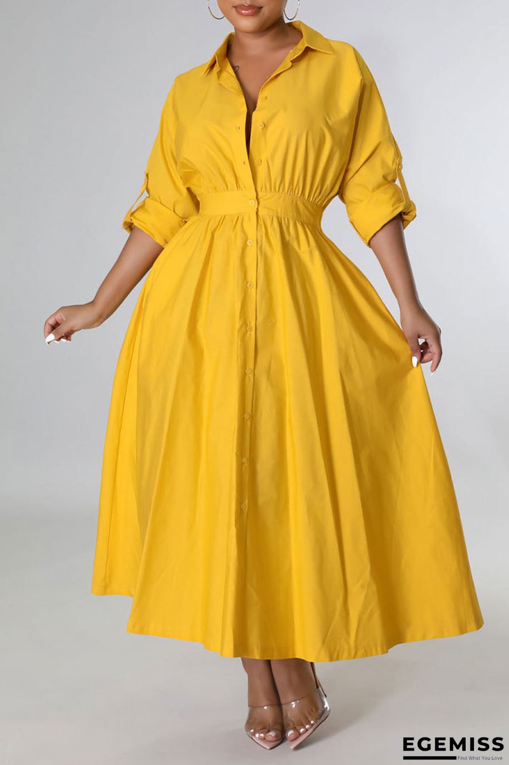 Yellow Casual Solid Patchwork Buckle Turndown Collar Shirt Dress Dresses | EGEMISS