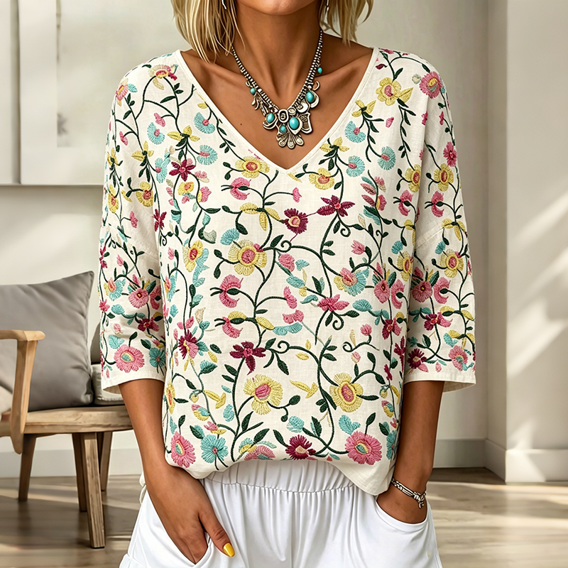 Comstylish Women's Vintage Floral Art Print Flowy Linen Blend Three-quarter Sleeve V Neck Linen Tops
