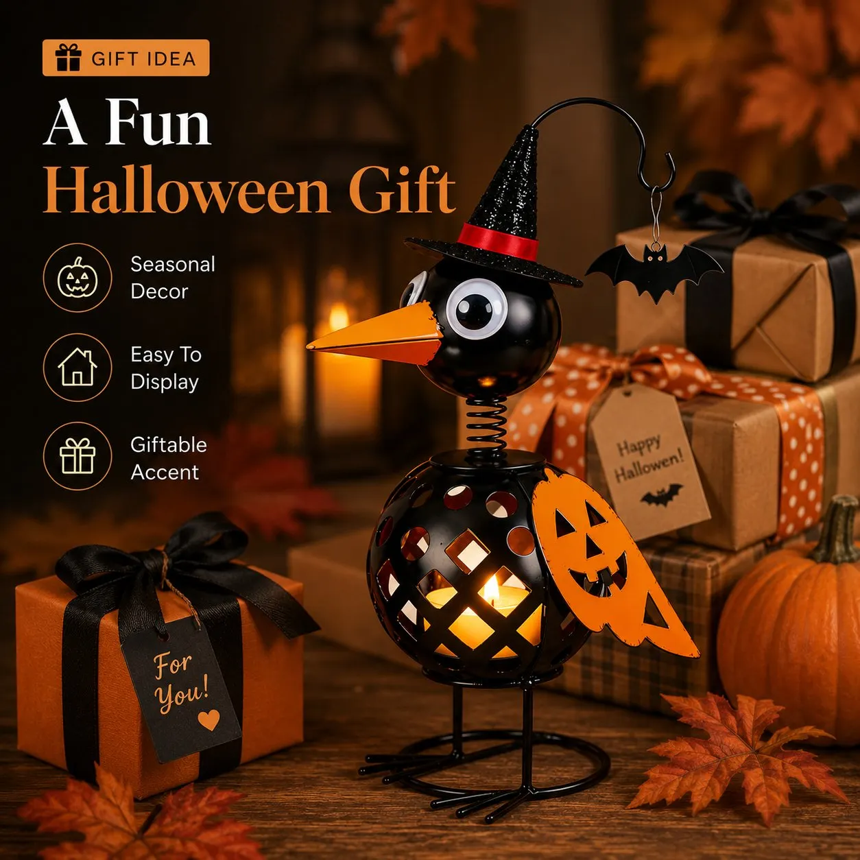 Halloween Crow and Pumpkin Seasonal Gift Decor