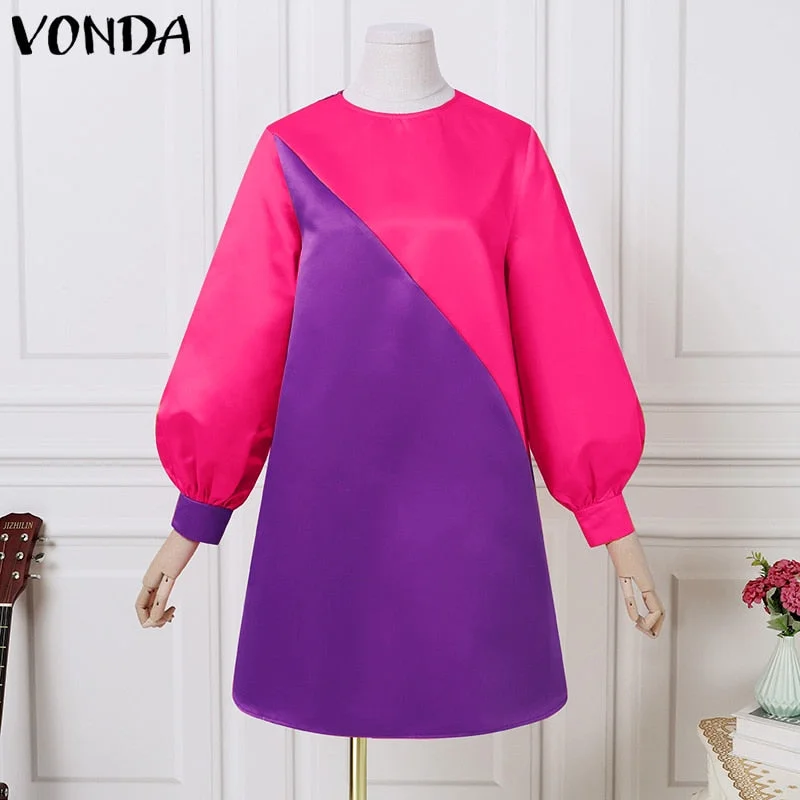 2022 Summer Dress VONDA Women Casual O Neck Vintage Patchwork Long Lantern Sleeve Dresses Plus Size Party Vestidos Short Robe