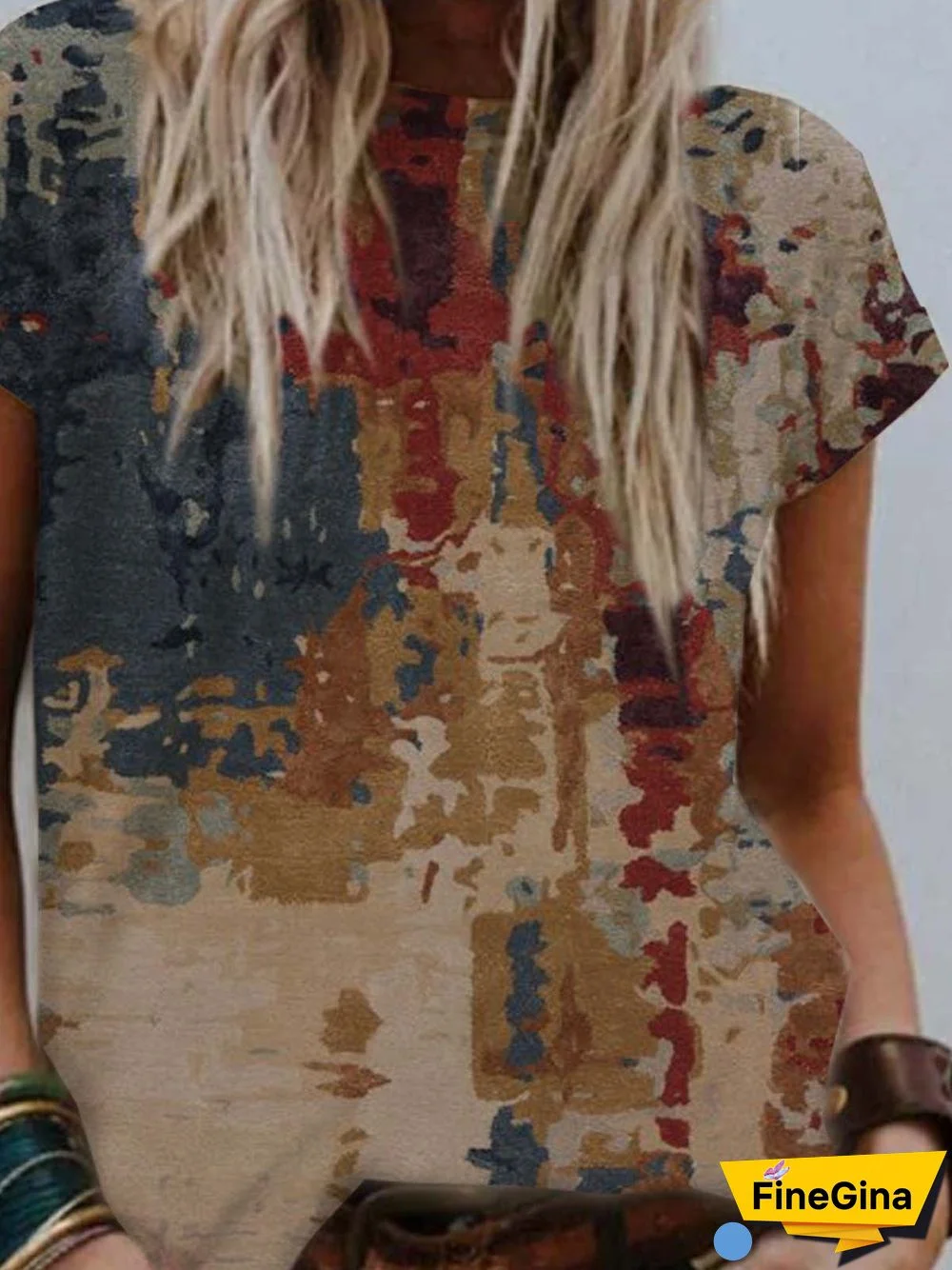 Geometric Short Sleeve Printed Cotton-blend Crew Neck Casual Summer Top