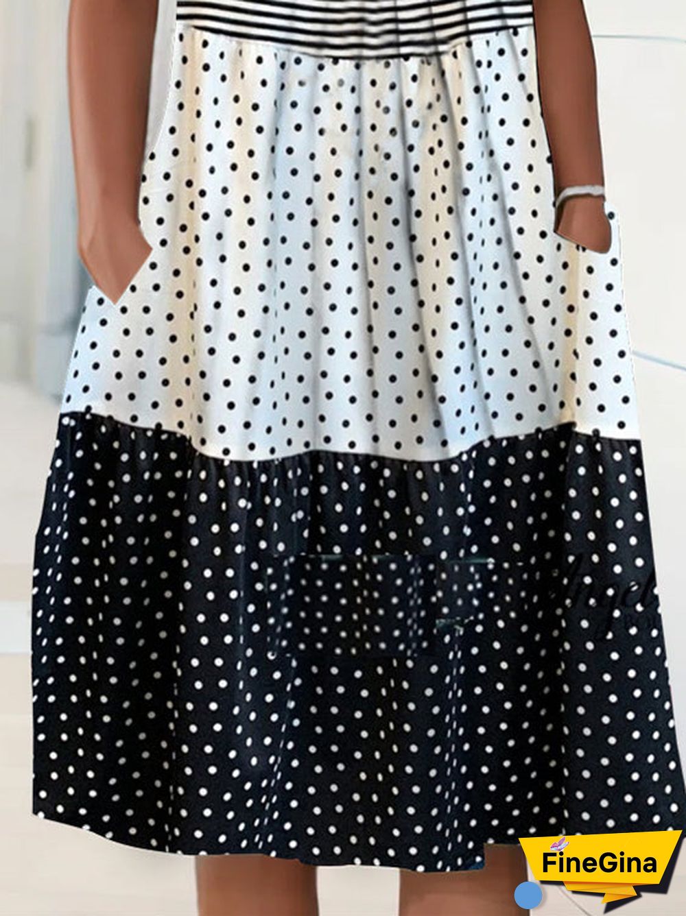 Women's Short Sleeve Scoop Neck Striped Polka Dot Midi Dress