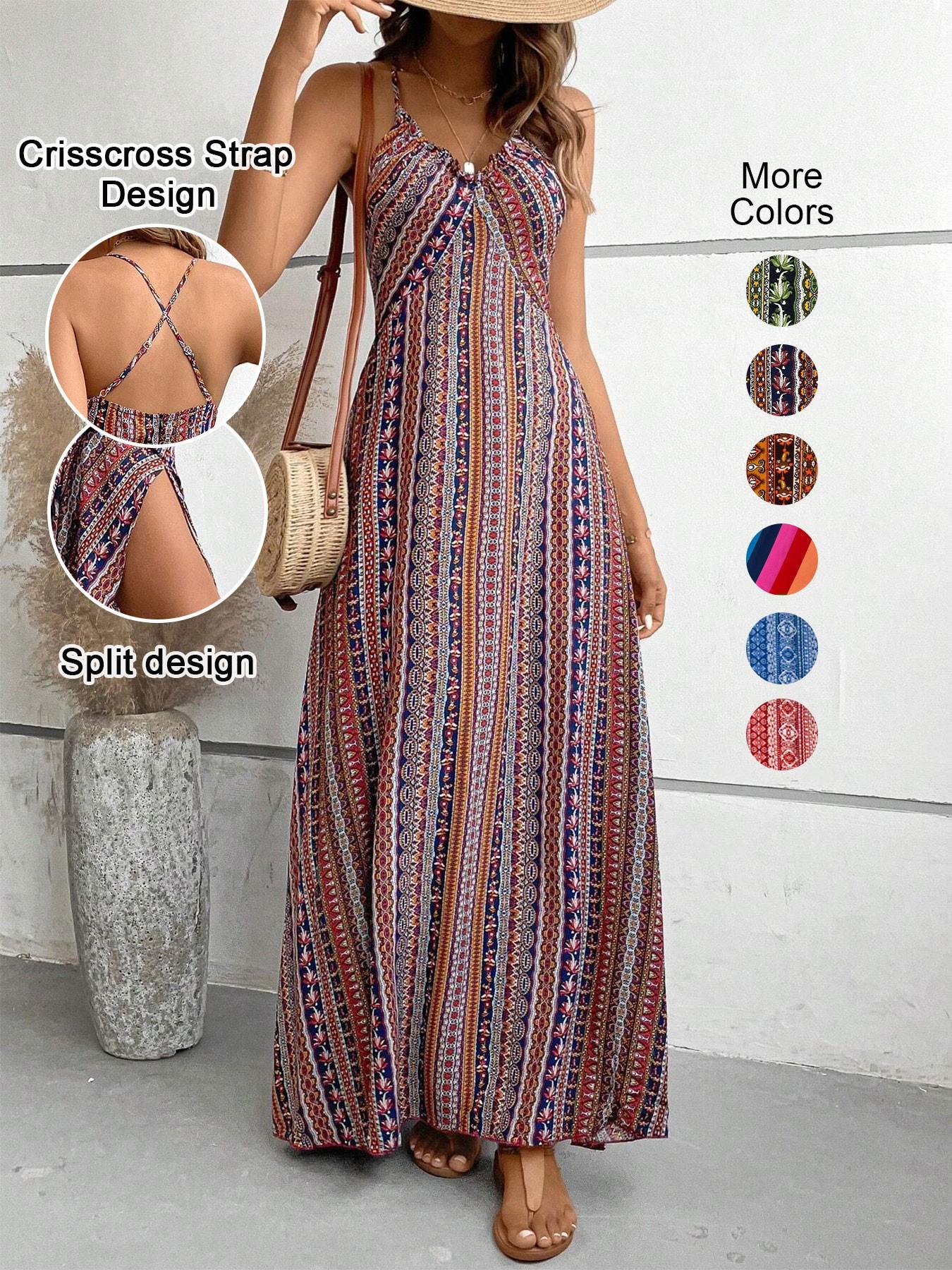Women's Printed Split Long Sleeveless Dress, Classic Stripe Design, Backless Criss Cross Strap, Spring Summer Fall Wear, Casual Boho Elegant Bohemian Style Womenswear