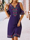 Vacation Tribal Floral Boho Loosen V Neck Short Sleeve Midi Knit Dress