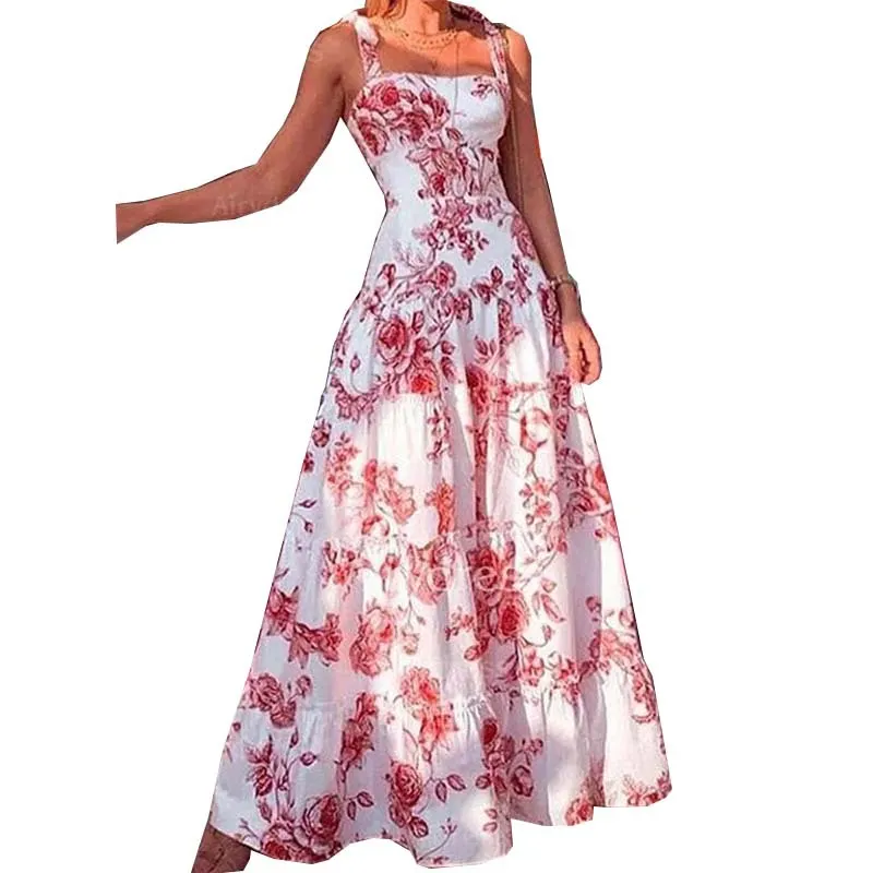 Uveng Uveng Women's Dress New Temperament Print Long Skirt With Waist Sling Skirt 661