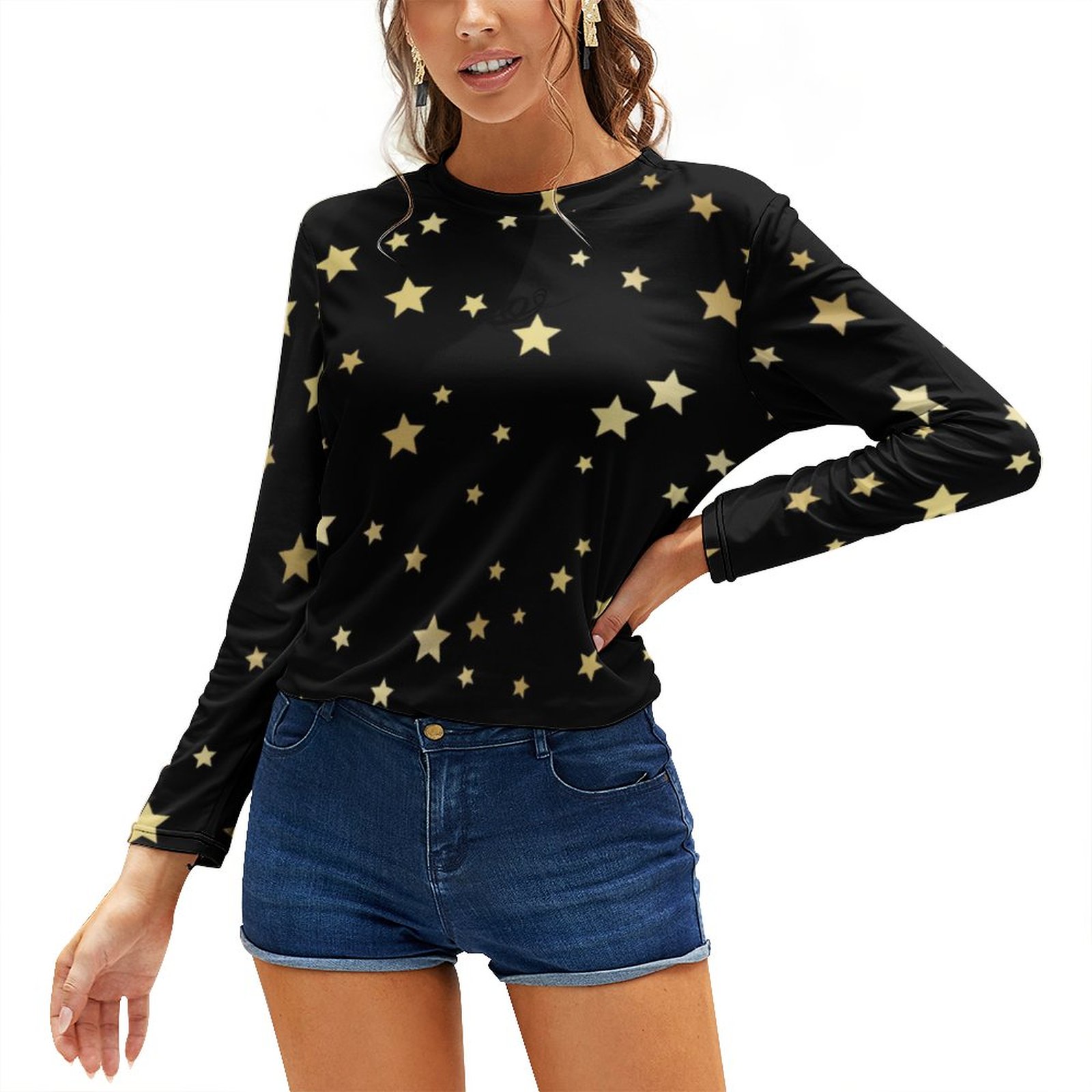 Gold Stars On Black Background Long Sleeve Print Round Neck Tee T-Shirt Tops