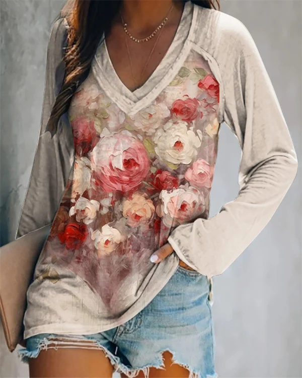 Vintage Floral Heart Art V-neck Top