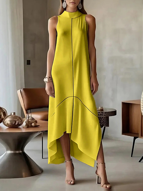 Sleeveless Split-Joint Split-Side High Neck Maxi Dresses YELLOW-S