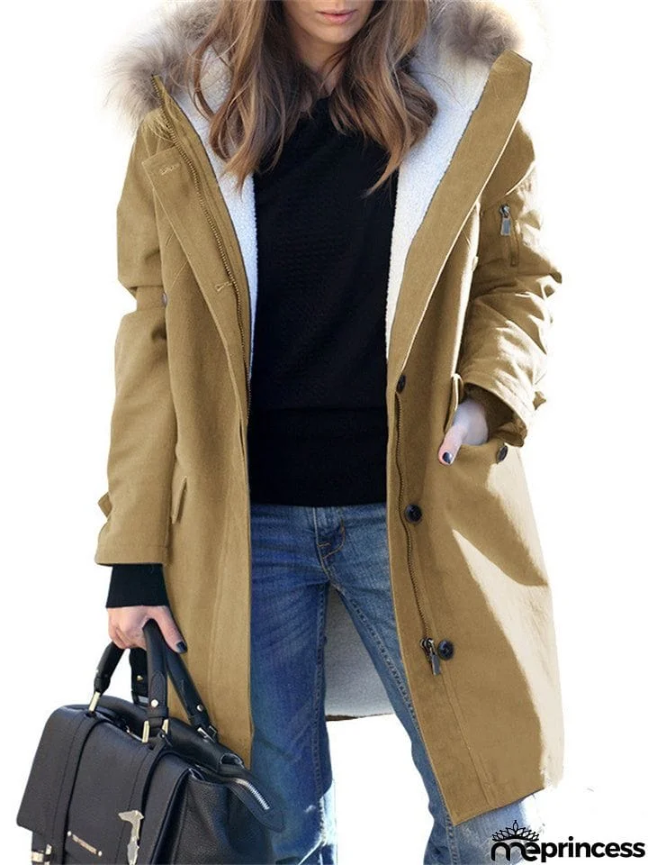 Women's Faux Fur Hooded Mid Length Woolen Coats for Cold Winter