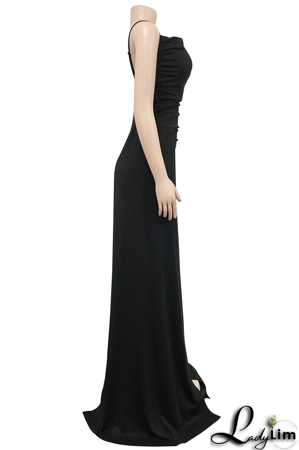 Black Fashion Sexy Solid Patchwork Backless Fold Spaghetti Strap Long Dress