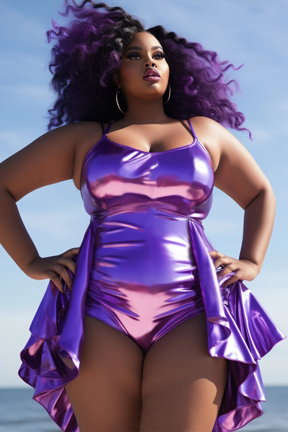 Xpluswear Design Plus Size Beach Purple Cami Ruffle Glitter One Pieces Swimwear