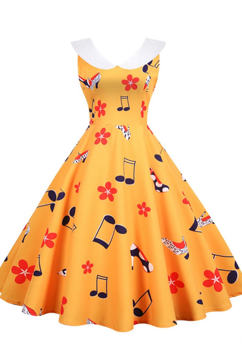 1950s Yellow Elegant All Over Print V Neck A-Line Sleeveless Midi Dress