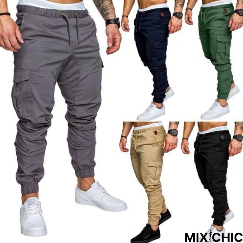 Men Casual Joggers Solid Color Pants Cotton Elastic Long Trousers