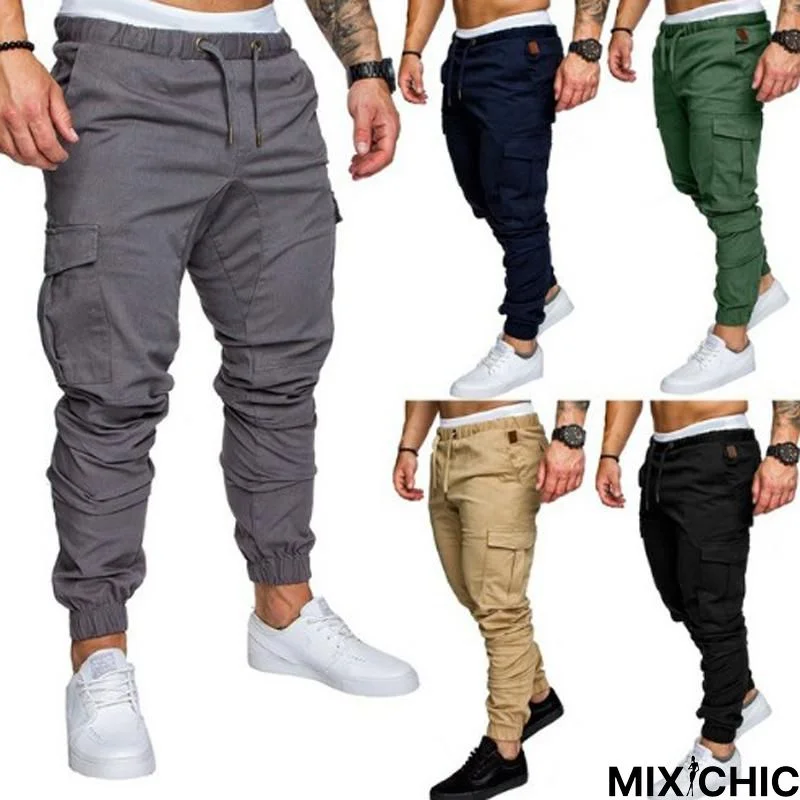 Men Casual Joggers Solid Color Pants Cotton Elastic Long Trousers