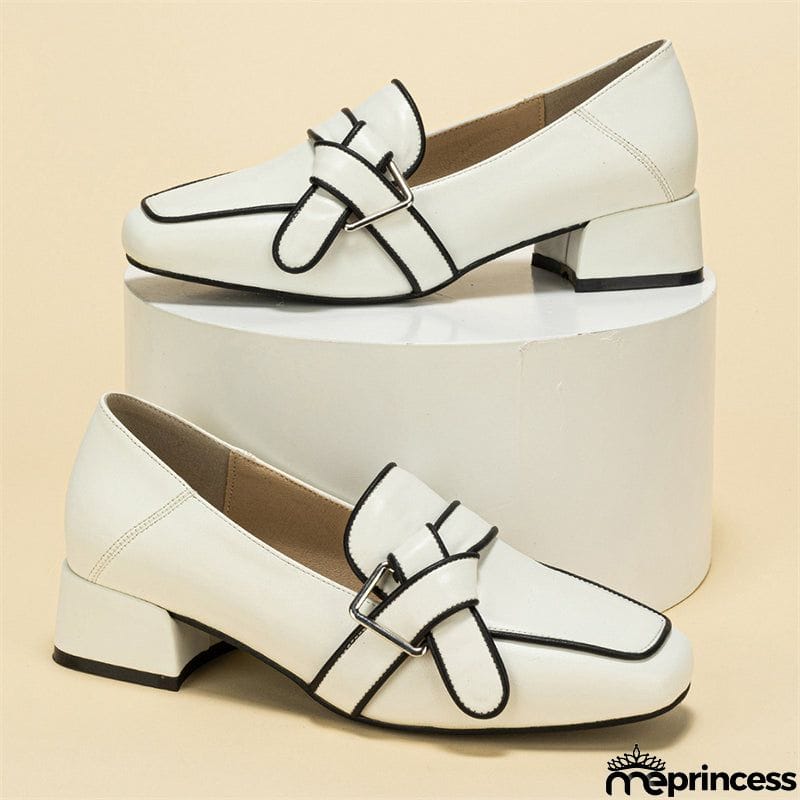 Versatile High Thick Heels Square Toe Buckle Women's Pumps