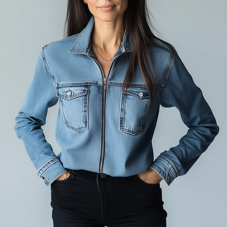 Ursime Turndown Collar Long Sleeve Zip Up Denim Blouse