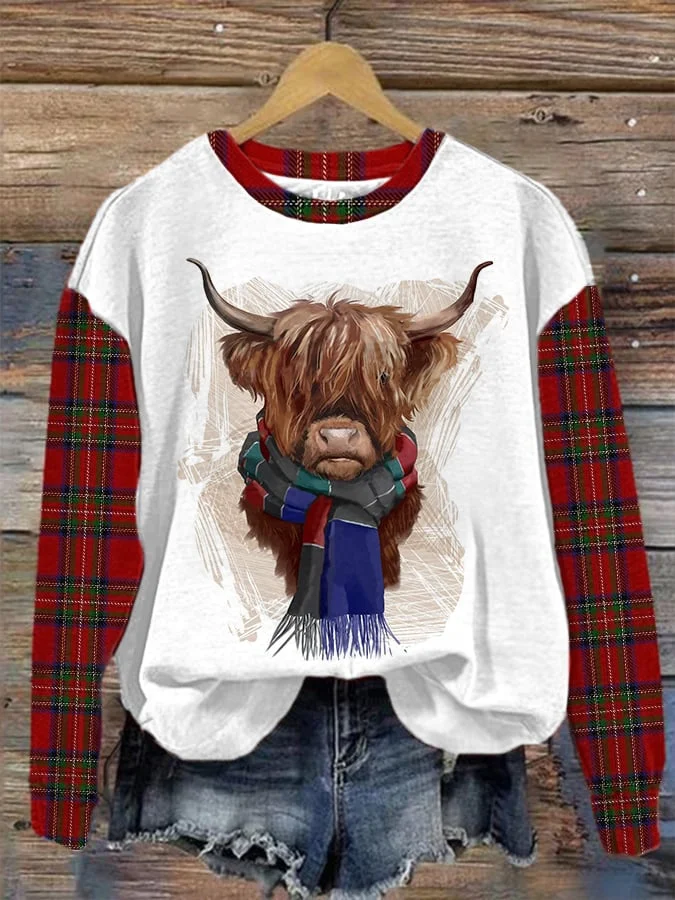 Women's Plaid Highland Cow Print Sweatshirt socialshop