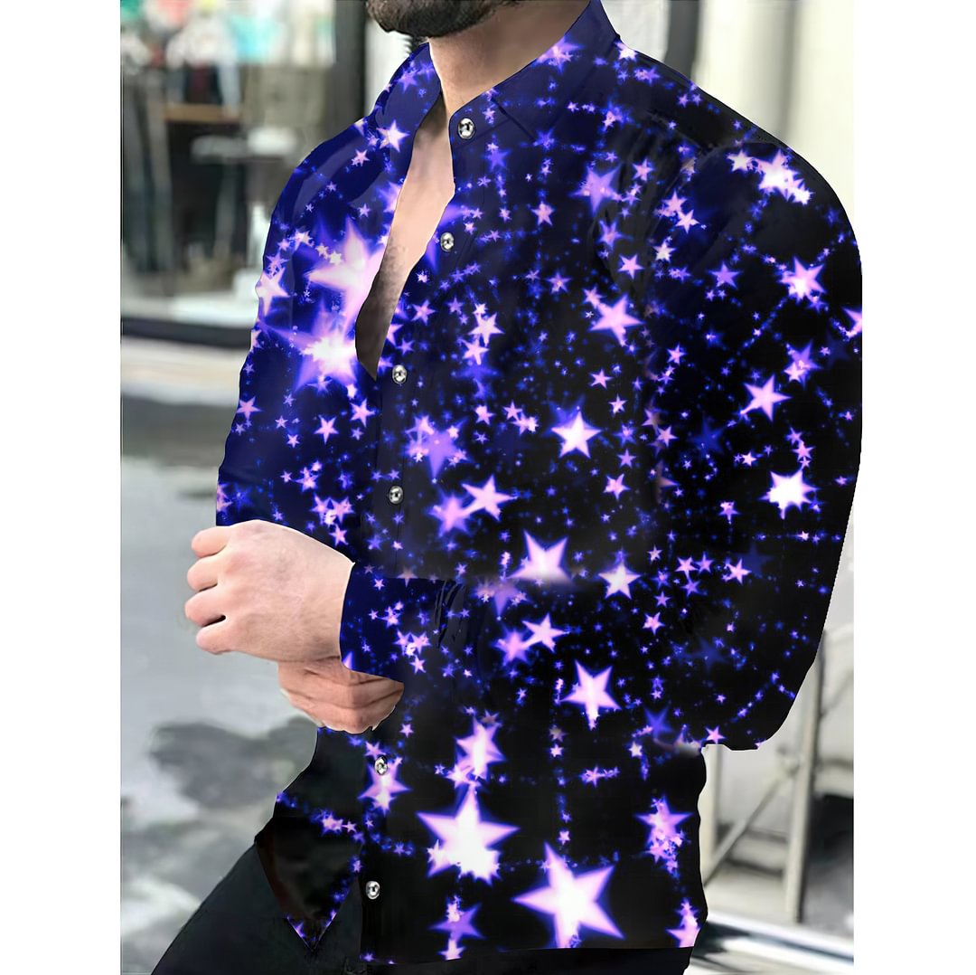 Casual Purple Star Pattern Printed Long Sleeve Men's Shirt