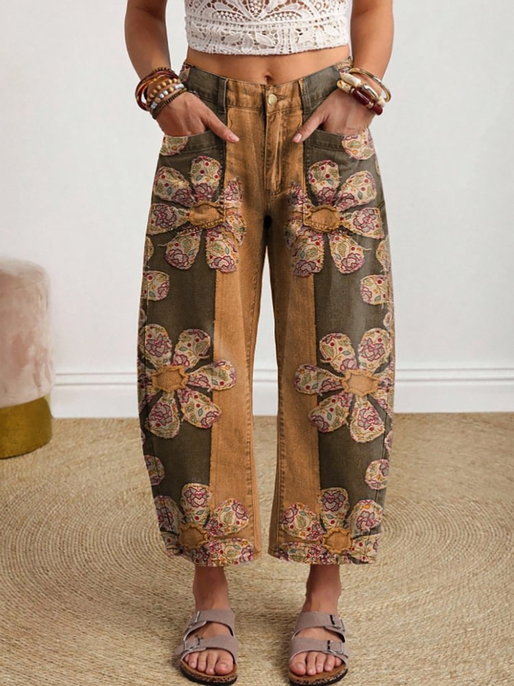 Women's Retro Floral Art Print Casual Jeans