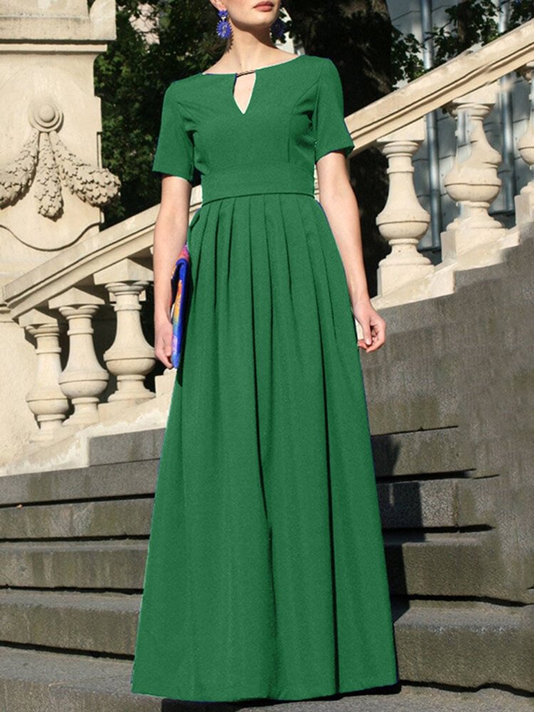 Solid Pleated Notch Neck Short Sleeve Maxi Dress with Belt