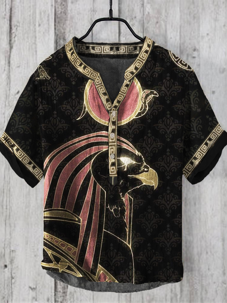 Vintage Egyptian Ra Print Men's Casual V-neck Shirt