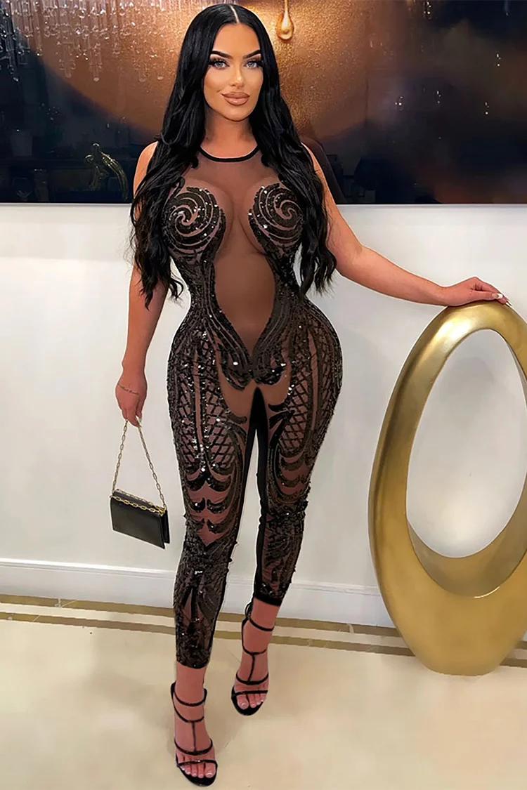 Sequins See Through Sleeveless Bodycon Party Jumpsuit