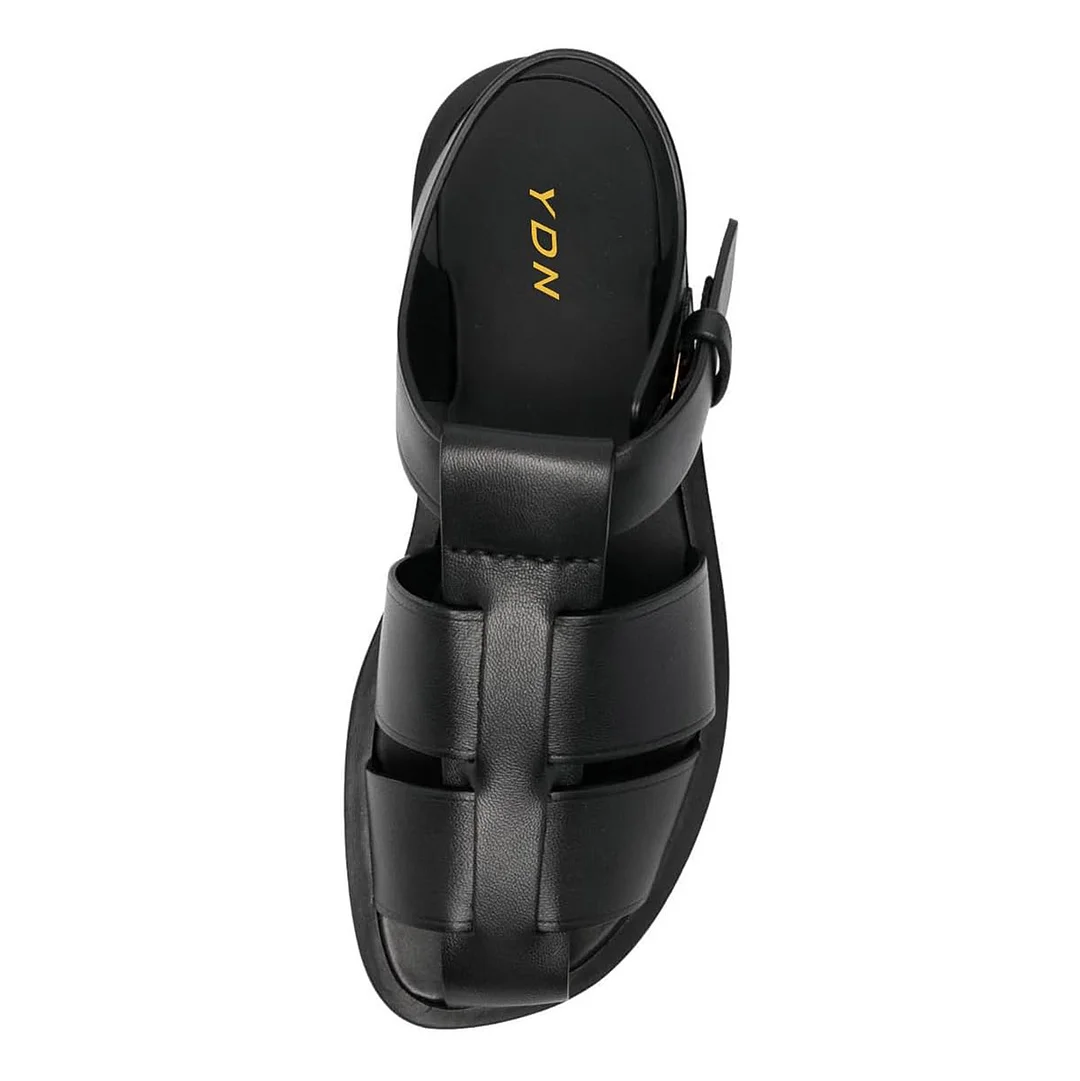 T-Strap Cut-Out Caged Round Toe Flat Black Sandals for Women