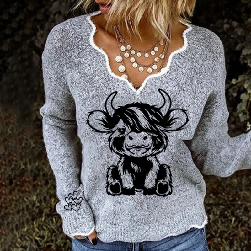 Women's Highland Cow Print French Cashmere Print V-Neck Cozy Knit Sweater