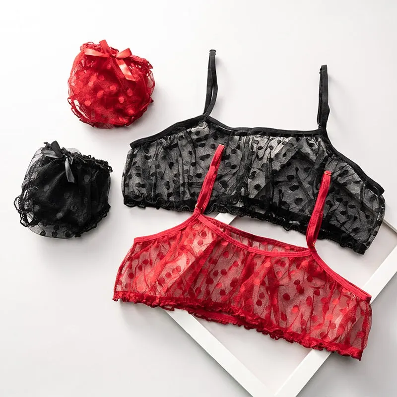 New Sexy Lingerie Underwear Polka Dot Mesh Frill Trim Lace Lingerie Set Black and Red Top Lace Invisible Bra Set Bras for Women
