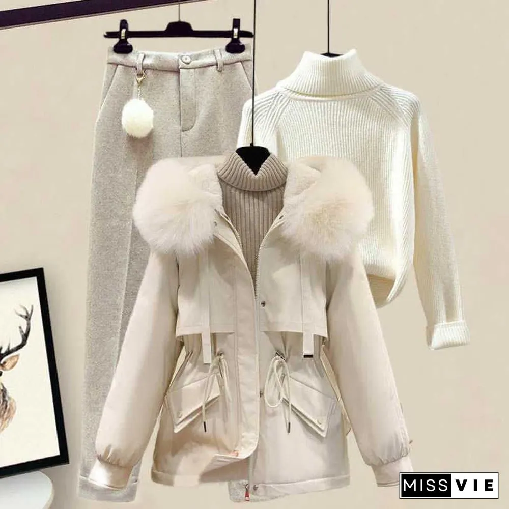 Fleece Hooded Coat Turtleneck Sweater Casual Pants Three Pieces