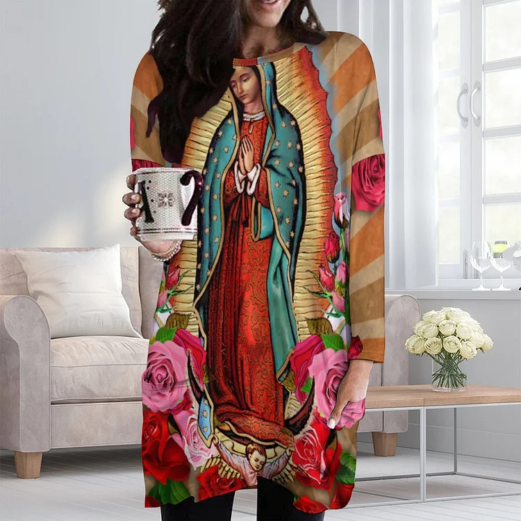 2XS-4XL Virgin Mary Our Lady Of Guadalupe Casual Swing Dresses Women Long Sleeve Loose Fit T Shirts Tunic Mini Dress - Heather Prints Shirts