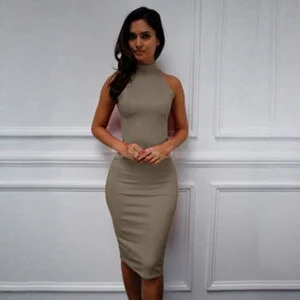 Spring Summer Fashion Turtleneck Sleeveless Elegant Pencil Dress Women  Club Party Bodycon Bandage Slim Dress Vestido