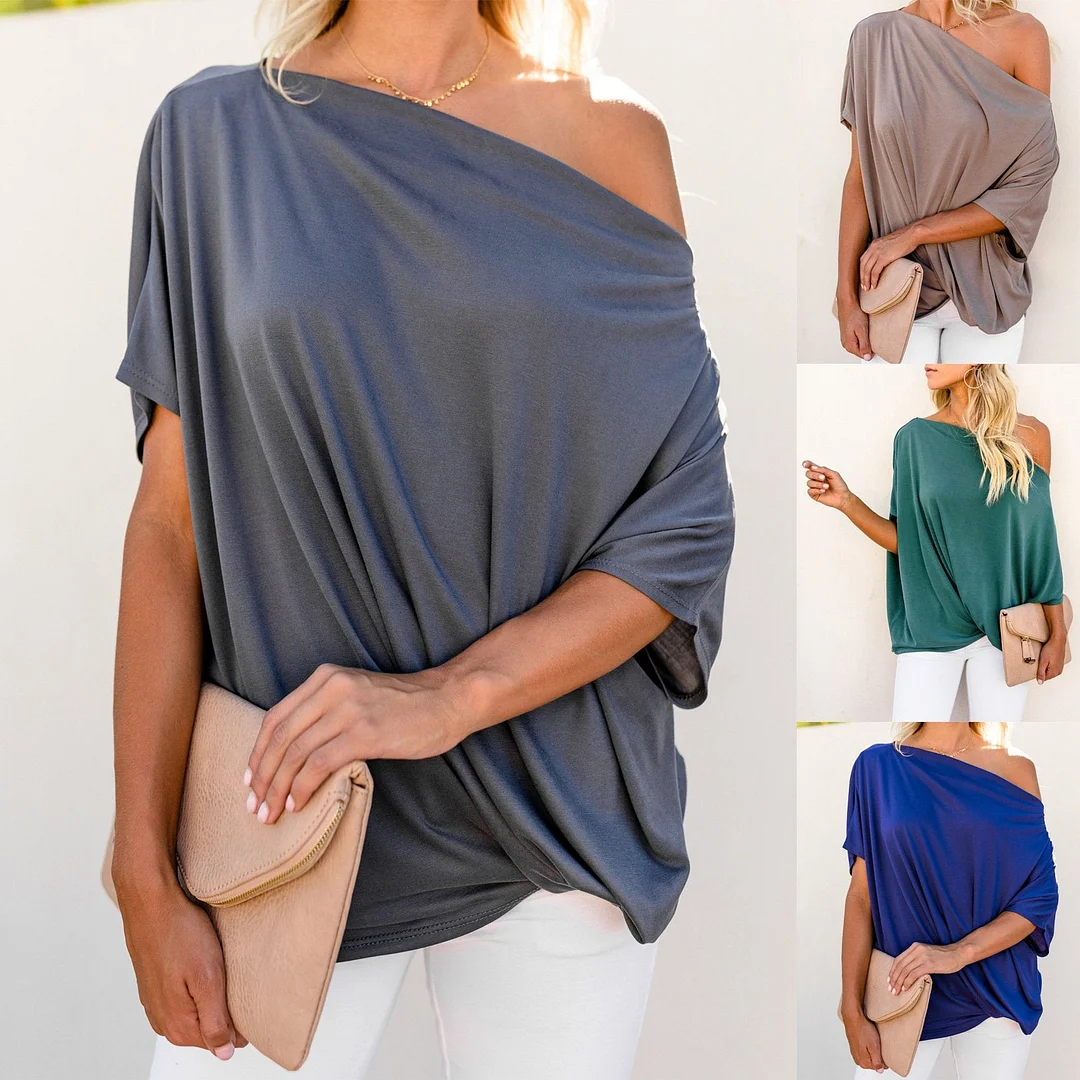 Sexy Pure Color Slanted Shoulder Baggy Blouse T-Shirt