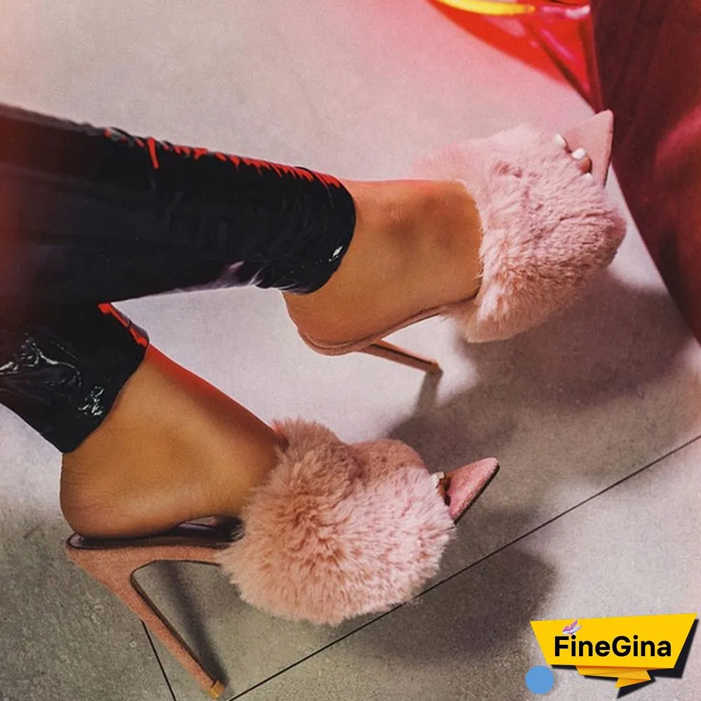 Women Shoes Rabbit Fur High Heel Sandals Slippers Luxury Sandals