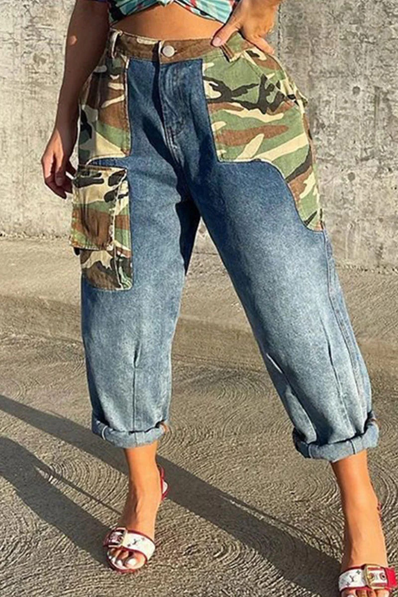 Blue Street Print Camouflage Print Patchwork High Waist Loose Denim Jeans