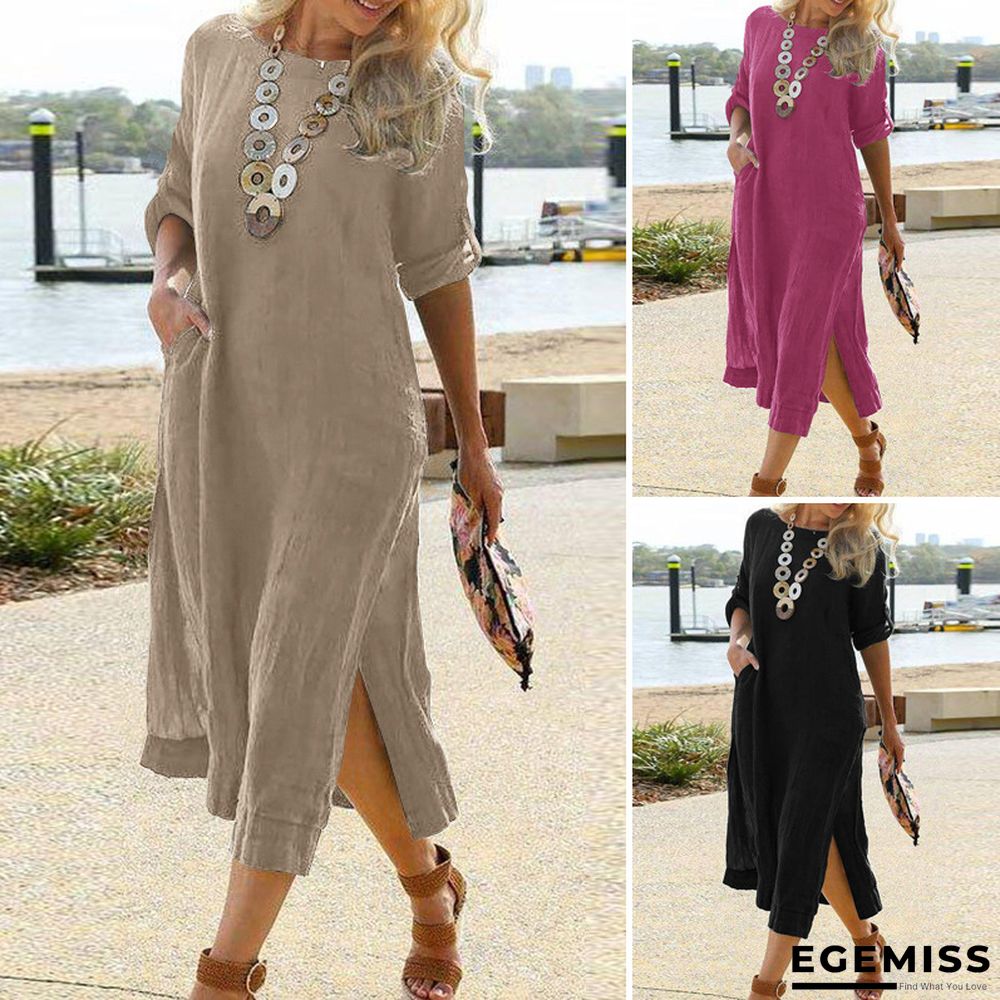 Cotton Casual Retro Long Shirt Dress Long Sleeve Hem Slit Skirt | EGEMISS
