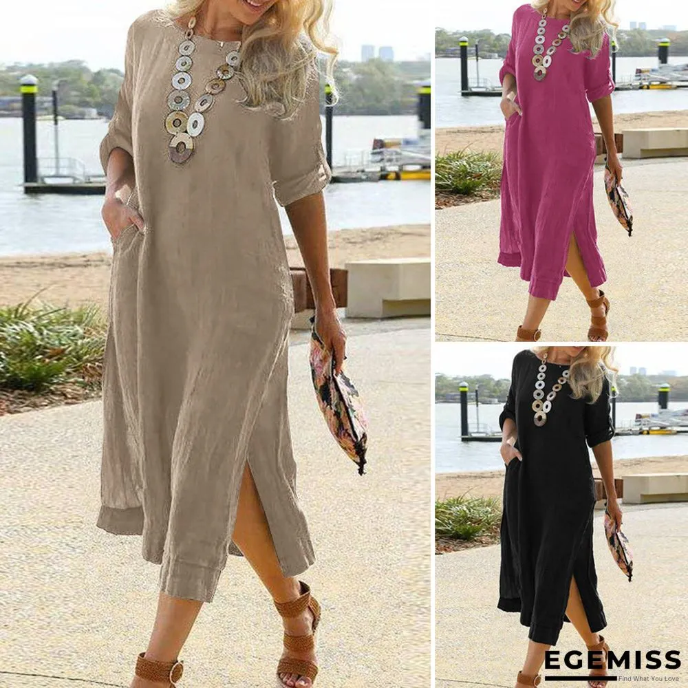 Cotton Casual Retro Long Shirt Dress Long Sleeve Hem Slit Skirt | EGEMISS