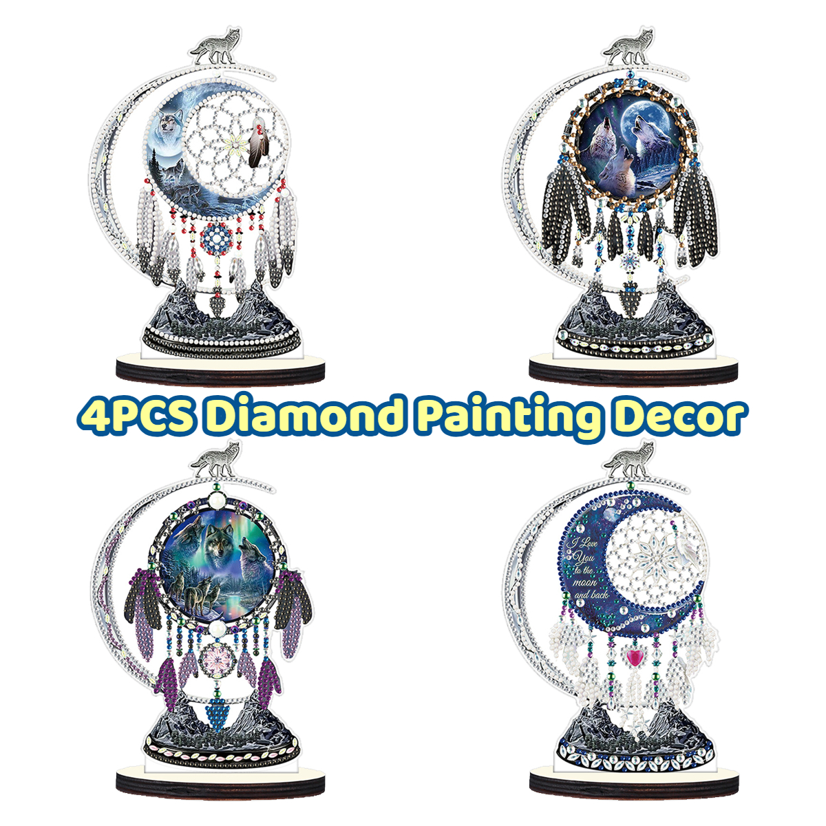 4pcs DIY Diamond Painting Wooden Desk Ornaments - Dreamcatcher Wolf