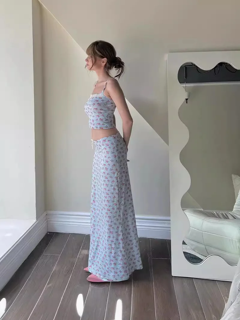 Uveng 2024Ins Fashion Small Fresh Flower Print Sling Small Vest Top Dress Set