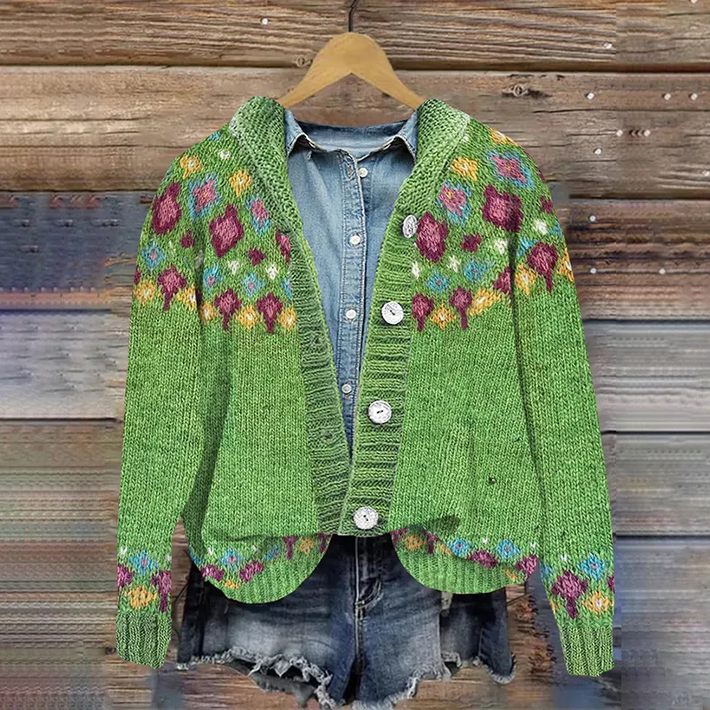 Retro Geometric Contrast Button Hooded Cardigan