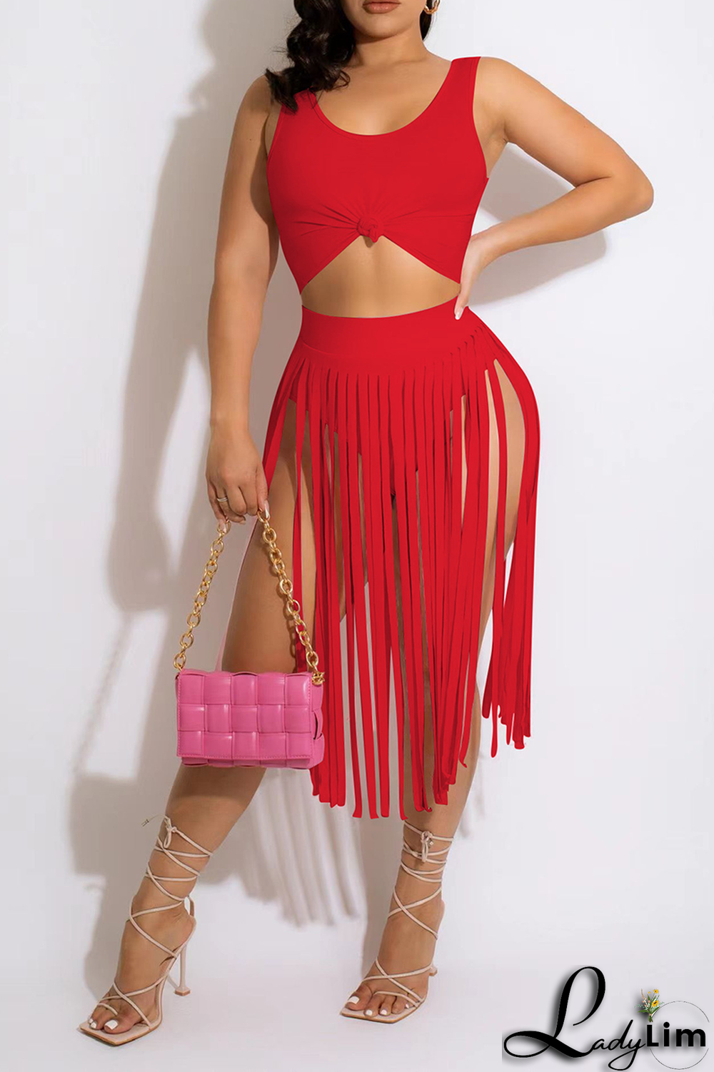 Black Sexy Solid Tassel U Neck Sleeveless Two Pieces