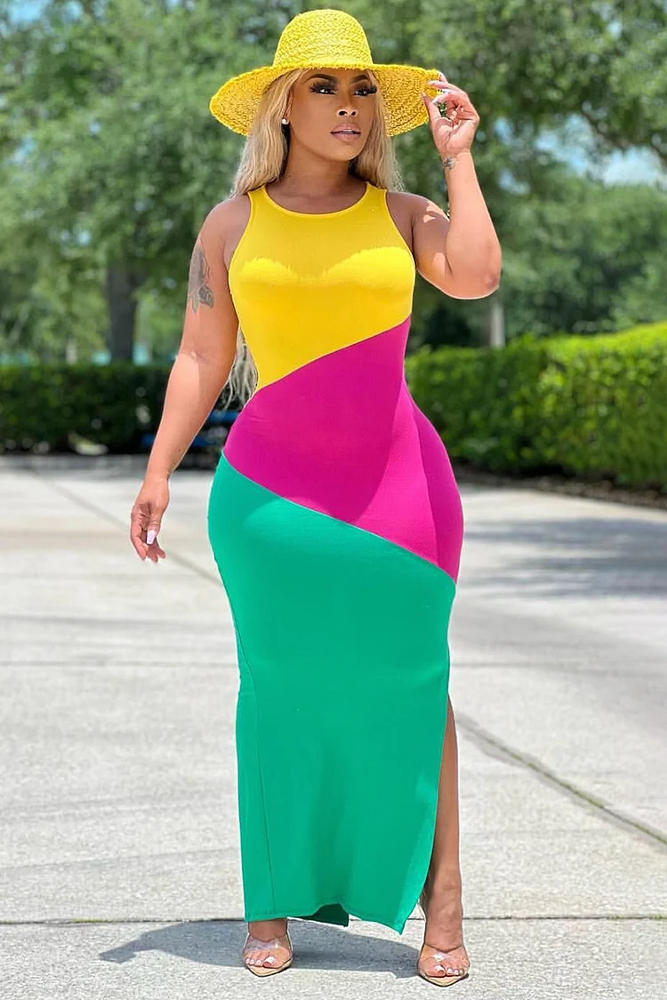 Colorblock Round Neck Sleeveless Slit Bodycon Vacation Maxi Dress