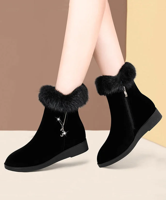Comfy Warm Wedge Boots Black Fuzzy Wool Lined