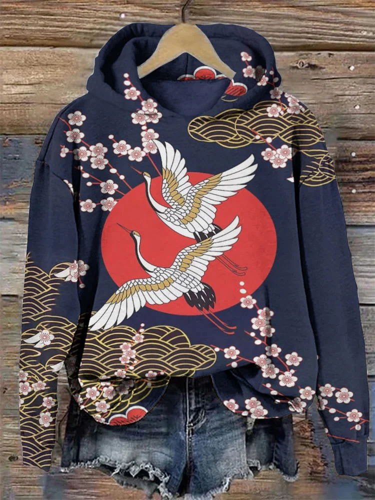 Women's Japanese Crane And Cherry Blossom Print Cozy Hoodie