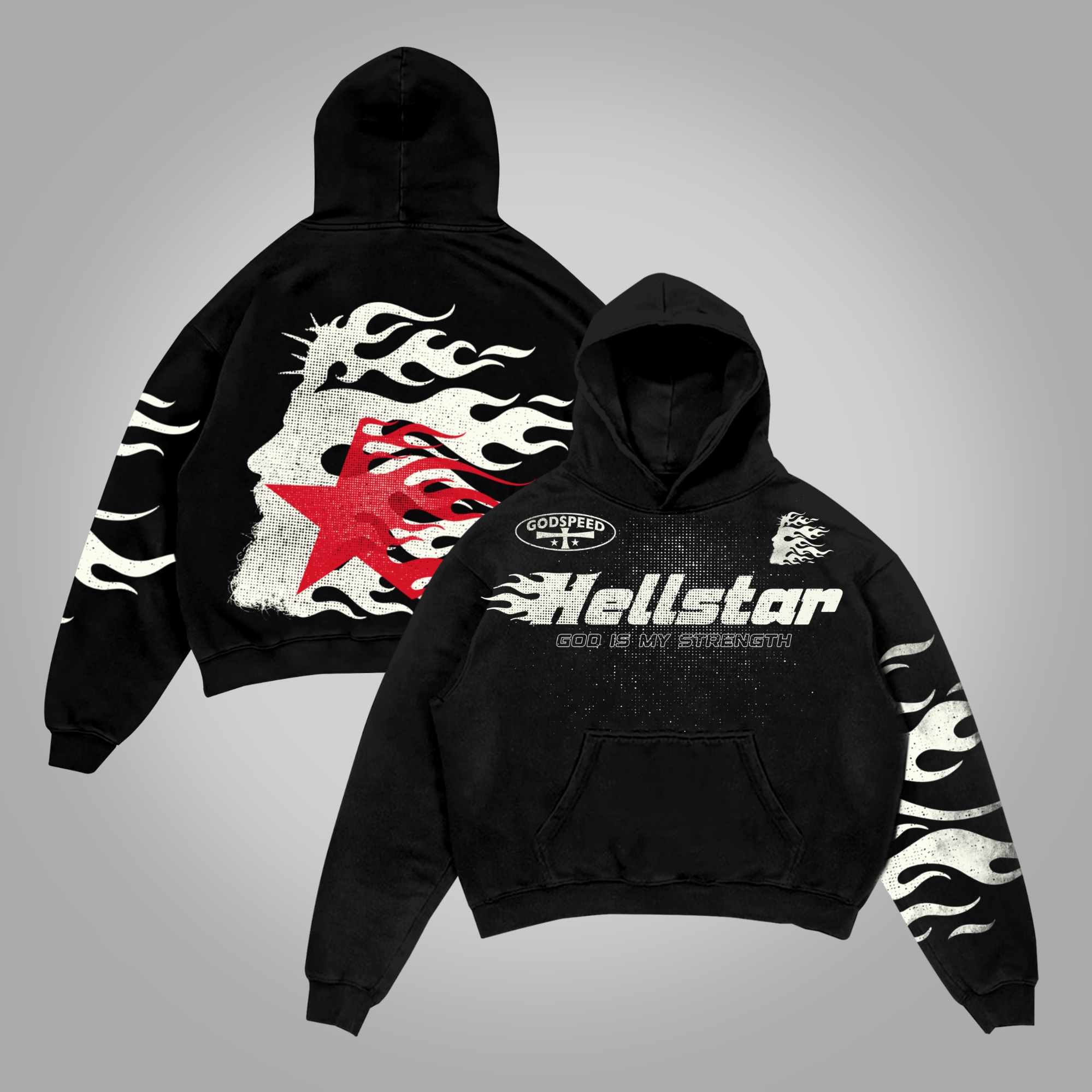 Hellstar Flame Jesus Silhouette Network Vintage Graphics Cotton Pocket Hoodie